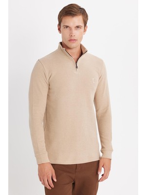 Tudors Erkek Slim Fit Dar Kesim Pamuklu Selanik Kumaş Yarım Fermuarlı Taş Dik Yaka Sweatshirt