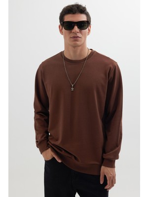 Tudors Erkek Relax Fit Rahat Kesim %100 Pamuk 2 Iplik Bisiklet Yaka Kahverengi Sweatshirt