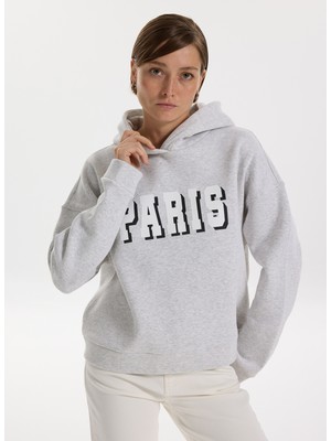 Fabrika Kapüşon Yaka Baskılı Açık Gri Melanj Kadın Sweatshırt F5WL-SWT0231