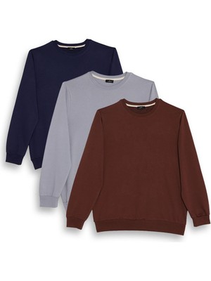 Tudors Erkek 3'lü Lacivert-Gri-Kahverengi Relax Fit Rahat Kesim %100 Pamuk 2 Iplik Bisiklet Yaka Sweatshirt