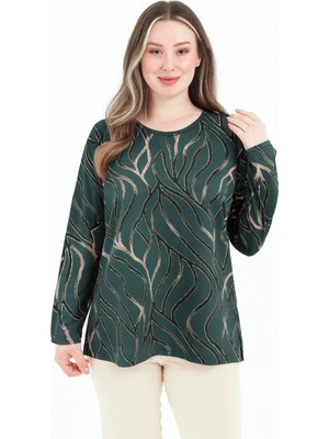 Ravencia Kadın Orta Yaş ve Üzeri Baskı Desenli Simli Likralı Yırtmaçlı Siyah Anne Penye Bluz