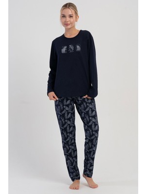 Vienetta Kadın Lacivert Uzun Kollu Desenli Pijama Takımı C9T6N1305
