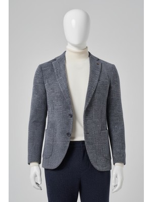 Morven Erkek Lacivert Örme Trend Ekoseli Slim Fit Mono Yaka Ceket