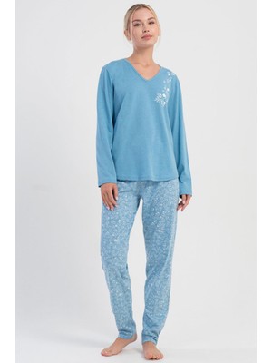 Vienetta Kadın Büyük Beden Mavi Uzun Kollu V Yaka Pijama Takımı C8T6N1305