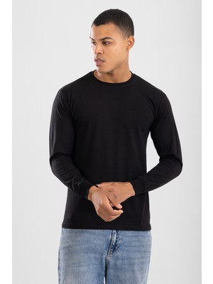 Erkek Bisiklet Yaka Uzun Kol Fanila Tişört Siyah