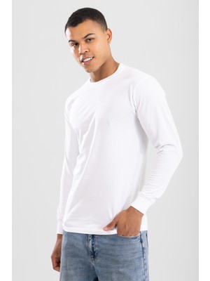 Erkek Bisiklet Yaka Uzun Kol Fanila Tişört Beyaz
