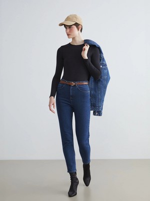 LC Waikiki Lcw Jeans Indigo Beli Kemerli Mom Fit Kadın Jean Pantolon