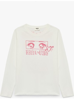 Koton Pamuklu Bisiklet Yaka Anime Baskılı Uzun Kollu Tişört