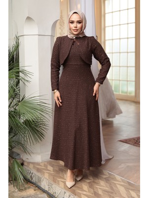Kareli Kahverengi Tüvit Tesettür Elbise 62512KH