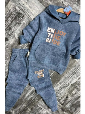 Riccotarz Erkek Çocuk Enjoy The Kalıp Baskılı Kapşonlu Sweatshirt Mavi Eşofman Takım