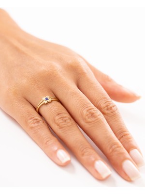 Zeyd Jewelry Geometrik Mavi Taşlı Çift Bant 14 Ayar Altın Yüzük