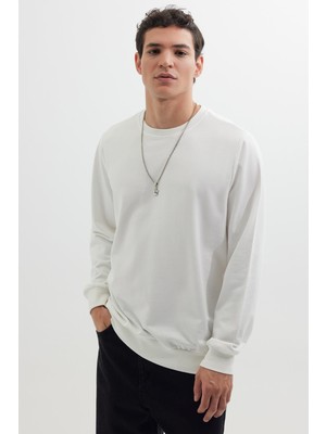 Tudors Erkek Relax Fit Rahat Kesim %100 Pamuk 2 Iplik Bisiklet Yaka Beyaz Sweatshirt