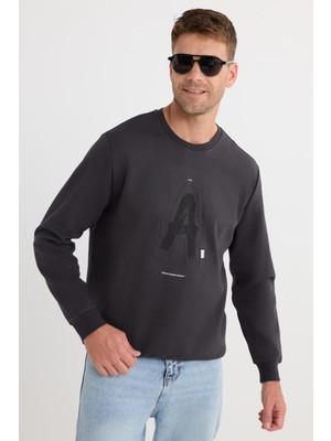 Tudors Unisex Relax Fit Pamuklu Yumuşak Dokulu Bisiklet Yaka Içi Polarlı Baskılı Antrasit Sweatshirt​​​​​​​