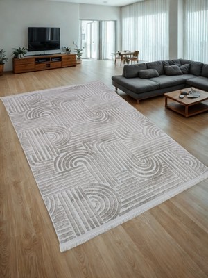 NarStore Home Dinar Osso Krem Vizon Saçaklı Kabartmalı Yıkanabilir Kesme Yolluk Halı