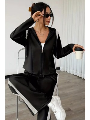 Gülseli Kadın Şerit Detaylı Kapüşonlu Sweat Bel Lastikli Palazzo Pantolon Ikili Takım P-00018853