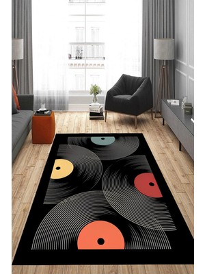 Carmine Carpet Dijital Baskılı Yıkanabilir Müzik Plak Desen Kaymaz Taban Halı