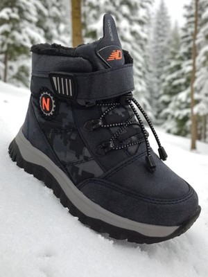 Ellaboni Erkek Çocuk Suya Soğuk Havaya Dayanıklı Cırtlı Içi Kürklü Siyah Kar Botu