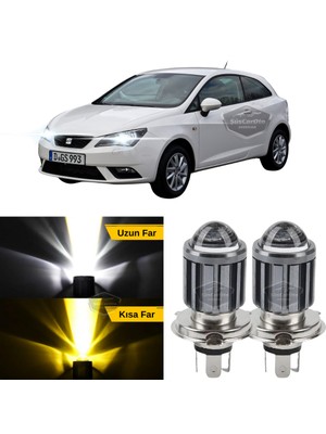 Caralp Seat Ibiza Mk4 2008-2017 Uyumlu Mercekli Far Ampulü LED Xenon Çift Renk Sarı-Beyaz Far Şimşek Etkili Csp LED Lamba Uzun Kısa 2 Adet Takım