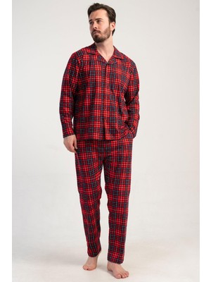 Vienetta Erkek Kırmızı Renk Önden Düğmeli Gömlek Yaka Uzun Kollu Ekose Pijama Takımı C6T3N0105