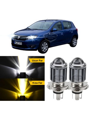 Caralp Dacia Sandero Mk2 Mk2.5 2009-2020 Uyumlu Mercekli Far Ampulü LED Xenon Çift Renk Sarı-Beyaz Far Şimşek Etkili Csp LED Lamba Uzun Kısa 2 Adet Takım
