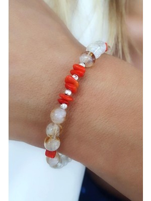 Doğal Sitrin ve  Mercan Taşlı 925AYAR Gümüş Ara Parçalı Tasarım Bileklik