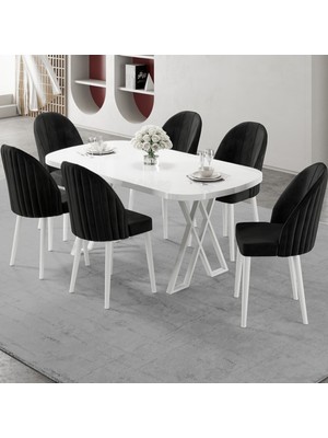 Canisa Kaye Serisi Mdf 90X168 Beyaz Mutfak Masası Takımı 6 Siyah Sandalye