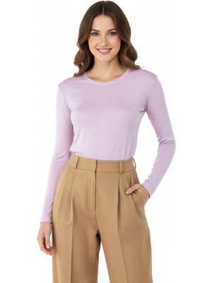 Oppland Kadın Düz Renk Yuvarlak Yaka Uzun Kollu Dar Kesim Bedene Oturan Likralı Turlu Viskon Kumaş Badi