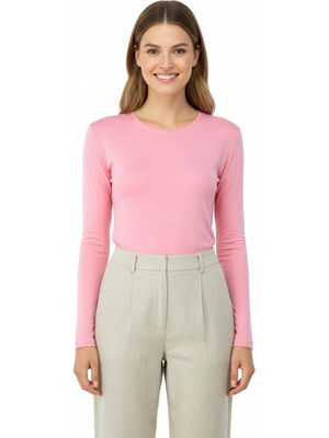 Oppland Kadın Düz Renk Yuvarlak Yaka Uzun Kollu Dar Kesim Bedene Oturan Likralı Pamuk Kumaş Badi