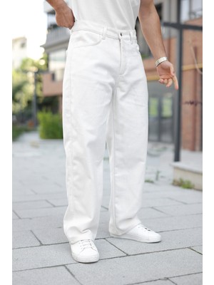 Comstar Erkek Yüksek Bel Bol Paça Günlük Beyaz Baggy Pantolon