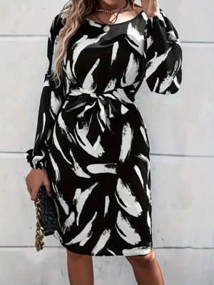 Moderie Butik Kadın Uzun Kollu Yuvarlak Yaka Belden Kuşaklı Hazır Desenli Midi Krep Elbise