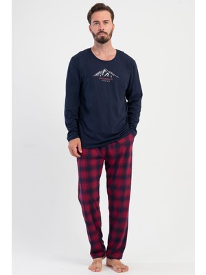 Vienetta Erkek Büyük Beden Lacivert Uzun Kollu Üst Ekose Desenli Alt Pijama Takımı C2T4N1305