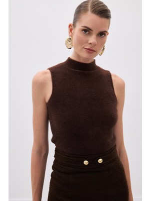 Sateen Sıfır Kol Sakallı Triko Bluz - Kahve