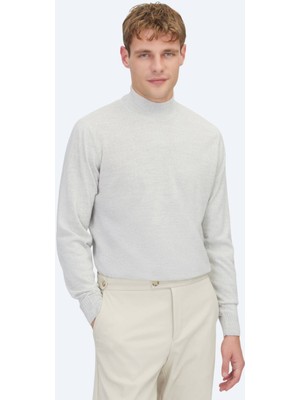 Kip Açık Gri Yarım Balıkçı Yaka Jakarlı Yün Karışımlı Triko Kazak