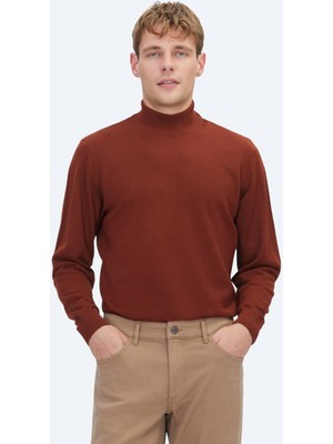 Kip Kiremit Yarım Balıkçı Yaka Jakarlı Yün Karışımlı Triko Kazak