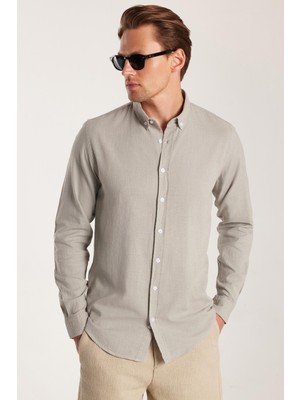 Tudors Erkek Slim Fit Dar Kesim %100 Pamuk Keten Doku Düğmeli Yaka Gri Gömlek