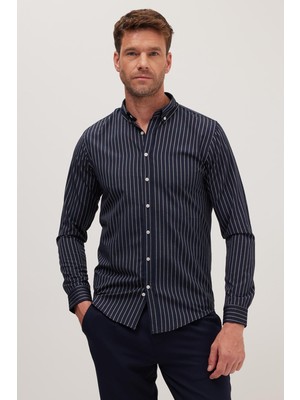 Tudors Slim Fit Uzun Kollu Düğmeli Yaka Pamuklu Kolay Ütü Çizgili Erkek Gömlek