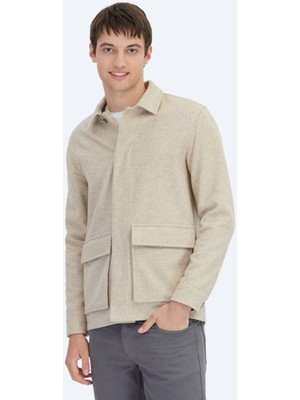 Kip Bej Oversize Fit Dokuma Yün Karışımlı Overshırt