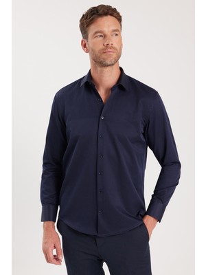Tudors Erkek Regular Fit Klasik Kesim Kravatlık Yaka Pamuklu Düz Lacivert Gömlek