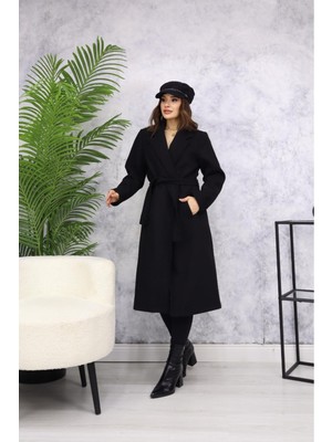 Kaside Manga Moda Kemerli Kaşe Kaban M3382 Siyah