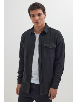 Tudors Erkek Slim Fit Tek Cep Kapaklı Düz Oduncu Spor Siyah Gömlek