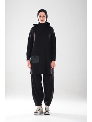 Plistre 2286_Kadın Kapüşonlu Körüklü Cepli D Tokalı 2'li Takım – Cepli Pensli Harem Pantolonlu Tesettür Spor Takım