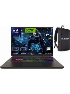 MSI Msı Vector 17 Hx Aı Ultra 9 275HX A2XWHG-081TR-13 64GB 4tb+4tb RTX5070TI W11HOME 17" Wqxga Gaming Laptop