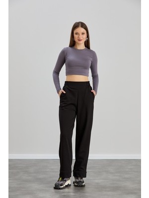 Sortie Collection Kadın Beli Lastikli Yüksek Bel Geniş Paça Regular Kalıp Iki Iplik Siyah Eşofman Altı