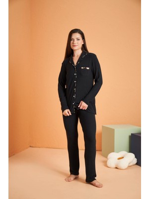 Pjs Kadın Siyah Düğmeli Pijama Takımı 28036
