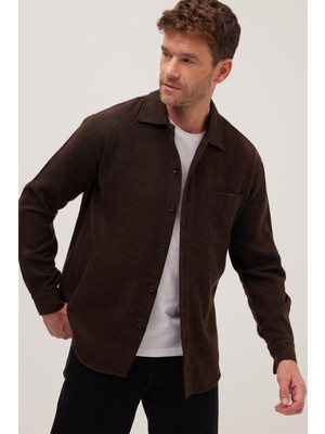 Tudors Erkek Relax Fit Rahat Kesim Oduncu Tek Cepli Kapaklı Armürlü Kahverengi Apaş Yaka Kışlık Gömlek