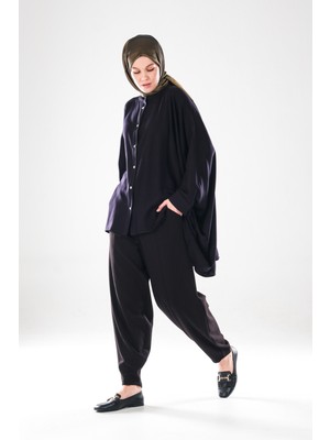 Plistre Kadın Beli Lastikli Cepli Harem Şalvar Pantolon Viskon Polyester Elastan Rahat Kalıp