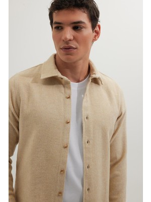 Tudors Erkek Slim Fit Dar Kesim Uzun Kollu Düz Kışlık Oduncu Açık Bej Gömlek