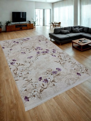 NarStore Home Elit Saçaklı Lial Kahve Çiçekli Kabartmalı Kaymaz Taban Yıkanabilir Kesme Yolluk Halı