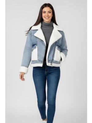 Kaside Manga Moda Kadın Açık Mavi Kürk Detaylı Jean Ceket M4800 Kar Yıkama