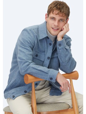 Kip Mavi Düz Regular Fit Dokuma Yün Karışımlı Overshırt